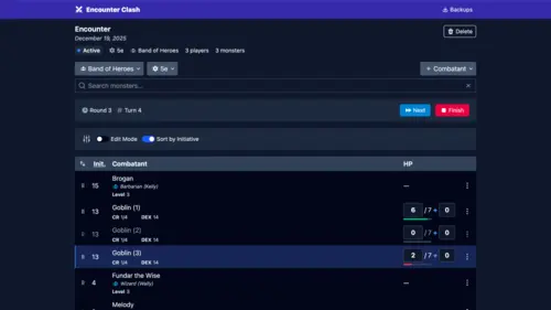 Screenshot of Encounter Clash interface showing an active D&D encounter beng tracked