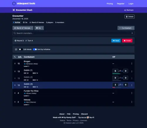 Screenshot of Sidequest Tools interface showing an active D&D encounter beng tracked